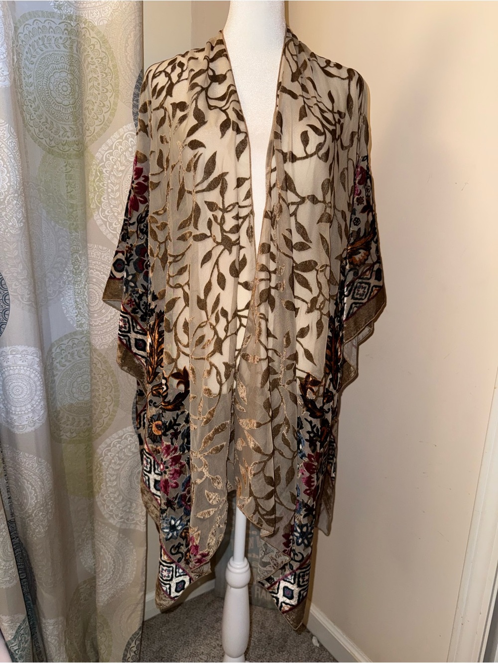 Women's Cream Sheer velvet burnout floral Kimono Cardigan one size festival fall